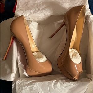 Christian Louboutin Nude Patent Fetish 130 Peep Platform Pumps with Red Soles